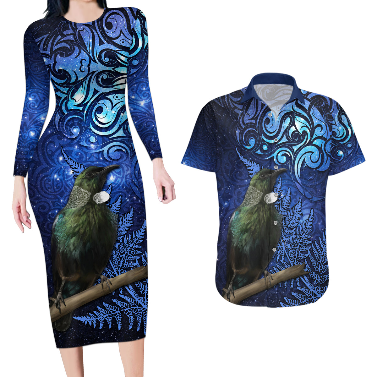 New Zealand Tui Bird Matariki Couples Matching Long Sleeve Bodycon Dress and Hawaiian Shirt Maori New Year with Galaxy Fern