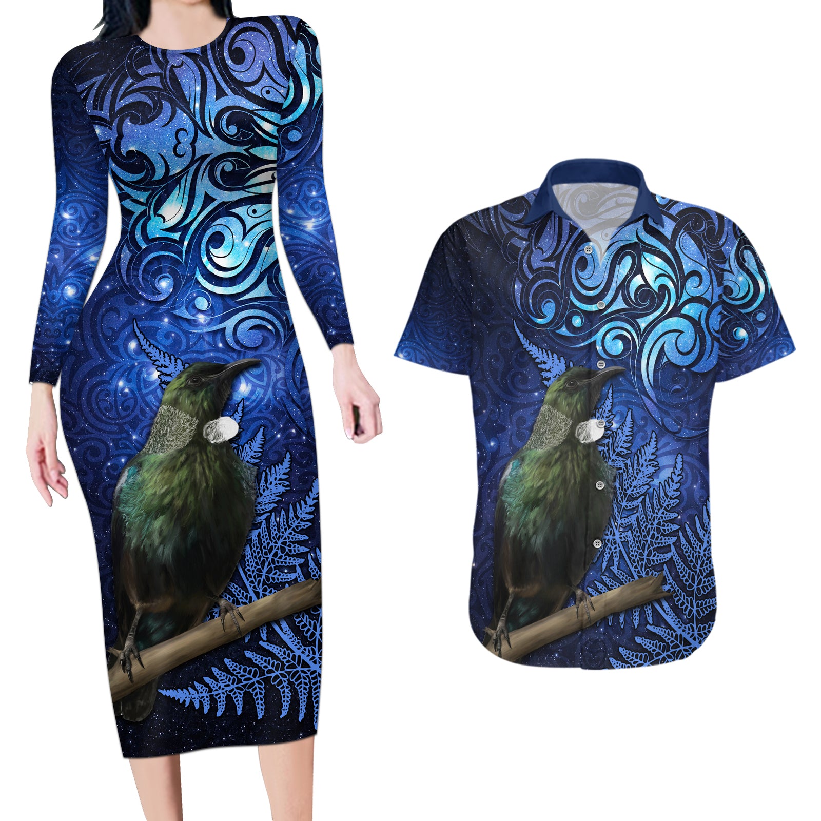 New Zealand Tui Bird Matariki Couples Matching Long Sleeve Bodycon Dress and Hawaiian Shirt Maori New Year with Galaxy Fern