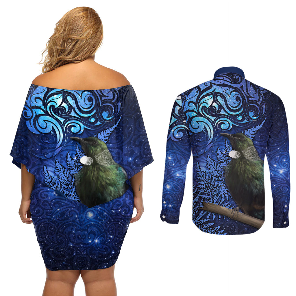New Zealand Tui Bird Matariki Couples Matching Off Shoulder Short Dress and Long Sleeve Button Shirt Maori New Year with Galaxy Fern