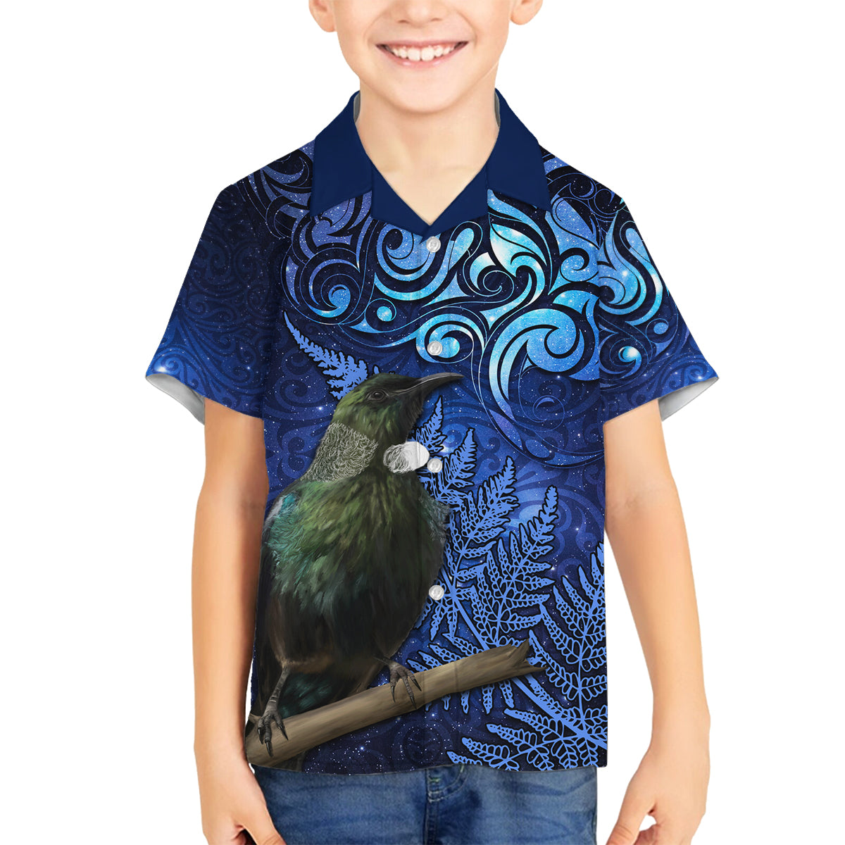 New Zealand Tui Bird Matariki Family Matching Off Shoulder Maxi Dress and Hawaiian Shirt Maori New Year with Galaxy Fern