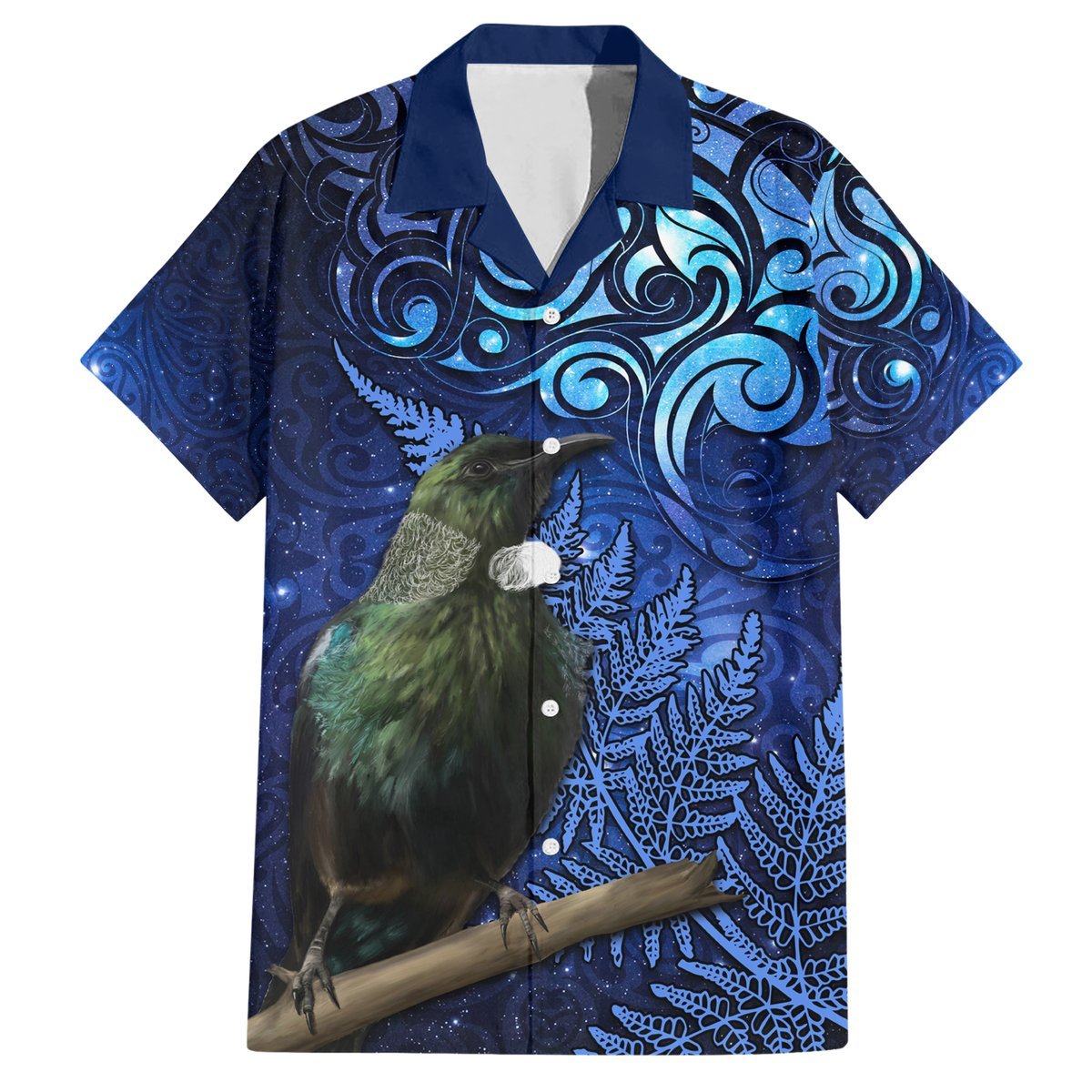New Zealand Tui Bird Matariki Hawaiian Shirt Maori New Year with Galaxy Fern LT03 Blue - Polynesian Pride