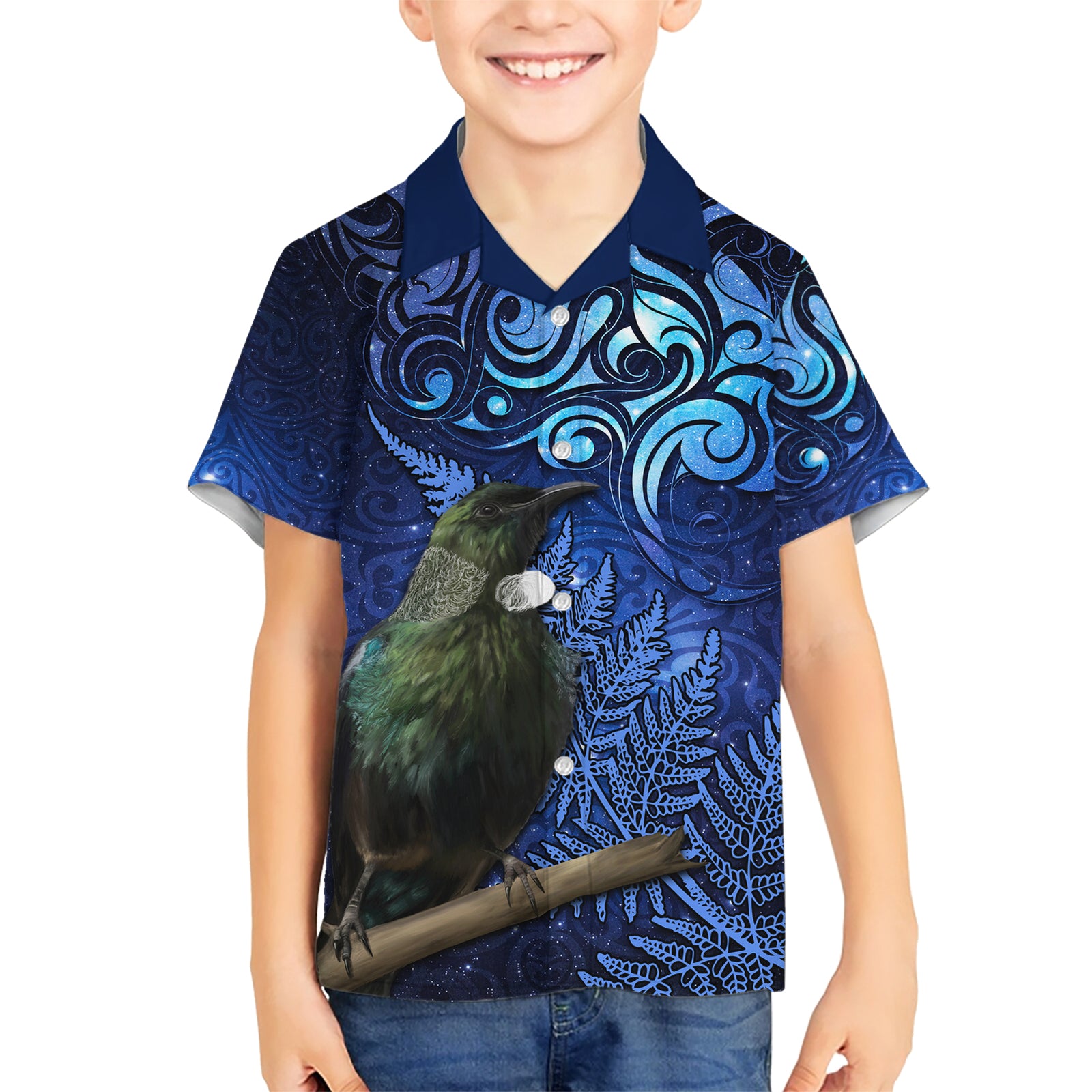 New Zealand Tui Bird Matariki Kid Hawaiian Shirt Maori New Year with Galaxy Fern LT03 Kid Blue - Polynesian Pride