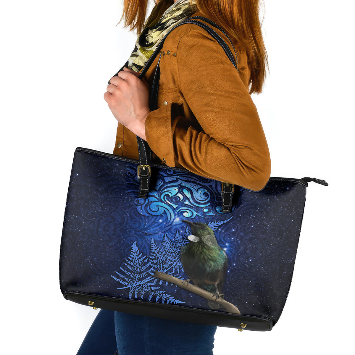 New Zealand Tui Bird Matariki Leather Tote Bag Maori New Year with Galaxy Fern LT03 Blue - Polynesian Pride