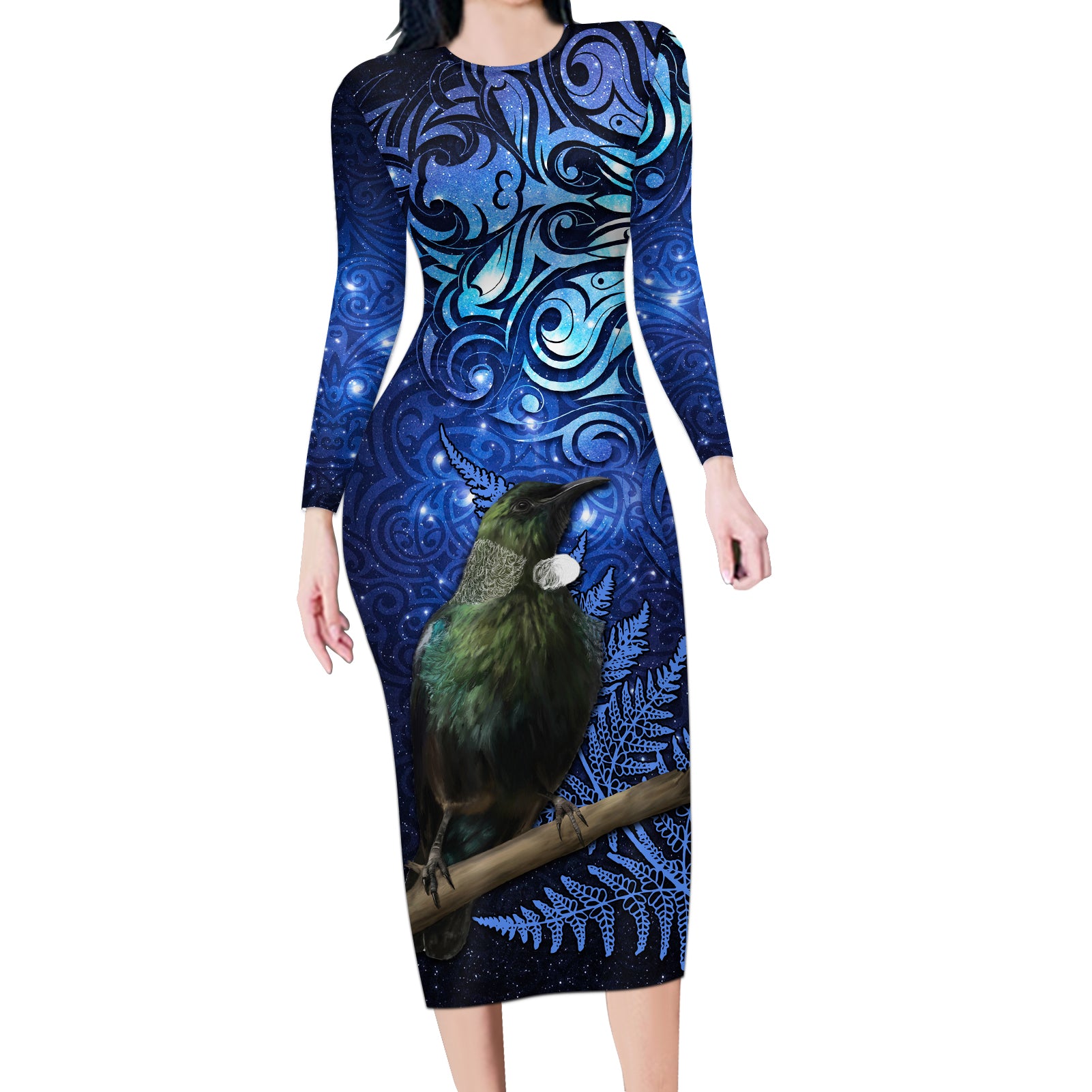 New Zealand Tui Bird Matariki Long Sleeve Bodycon Dress Maori New Year with Galaxy Fern