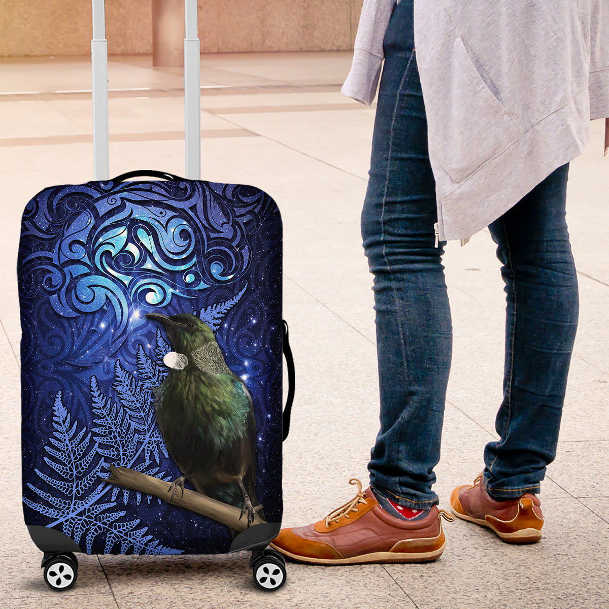 New Zealand Tui Bird Matariki Luggage Cover Maori New Year with Galaxy Fern