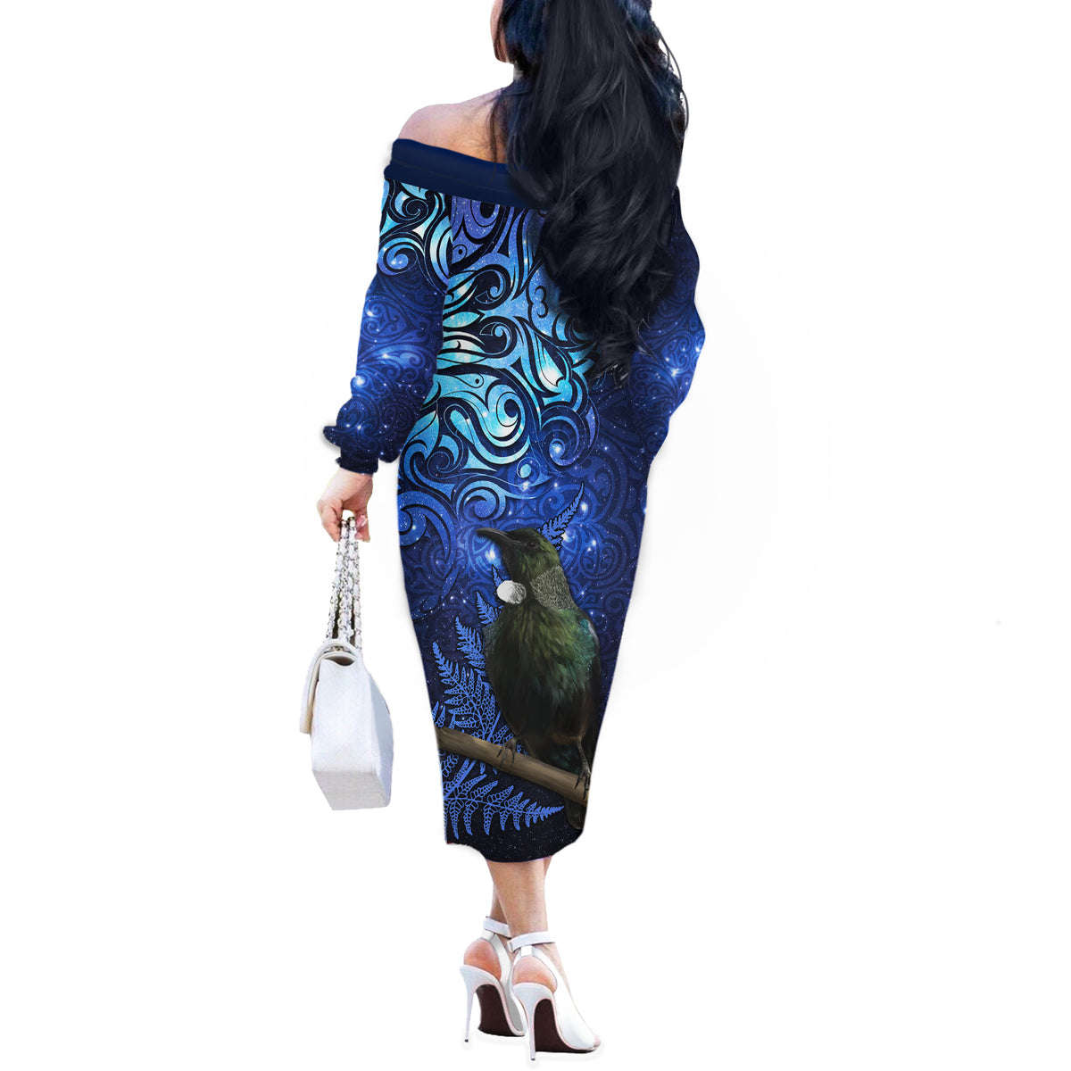 New Zealand Tui Bird Matariki Off The Shoulder Long Sleeve Dress Maori New Year with Galaxy Fern