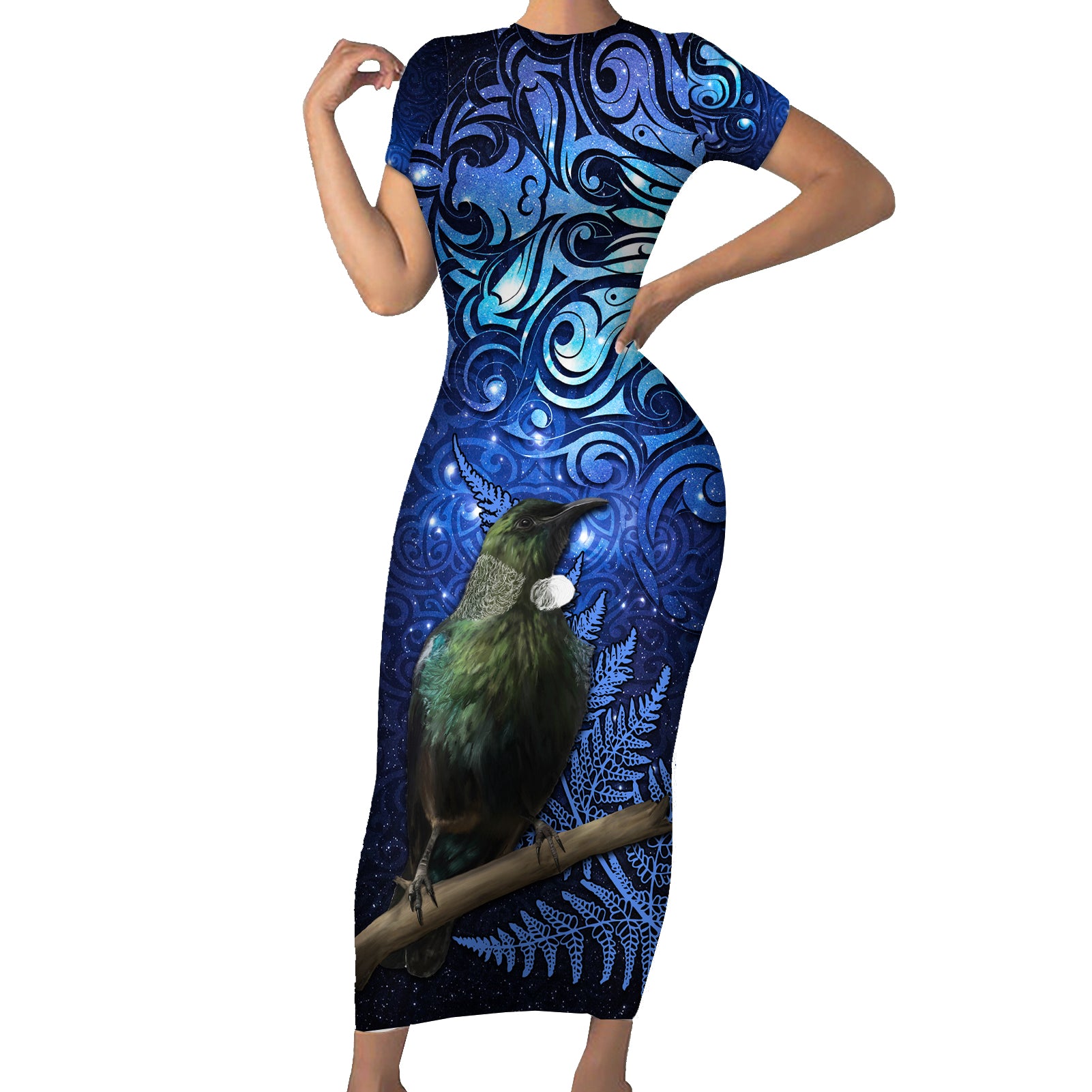 New Zealand Tui Bird Matariki Short Sleeve Bodycon Dress Maori New Year with Galaxy Fern