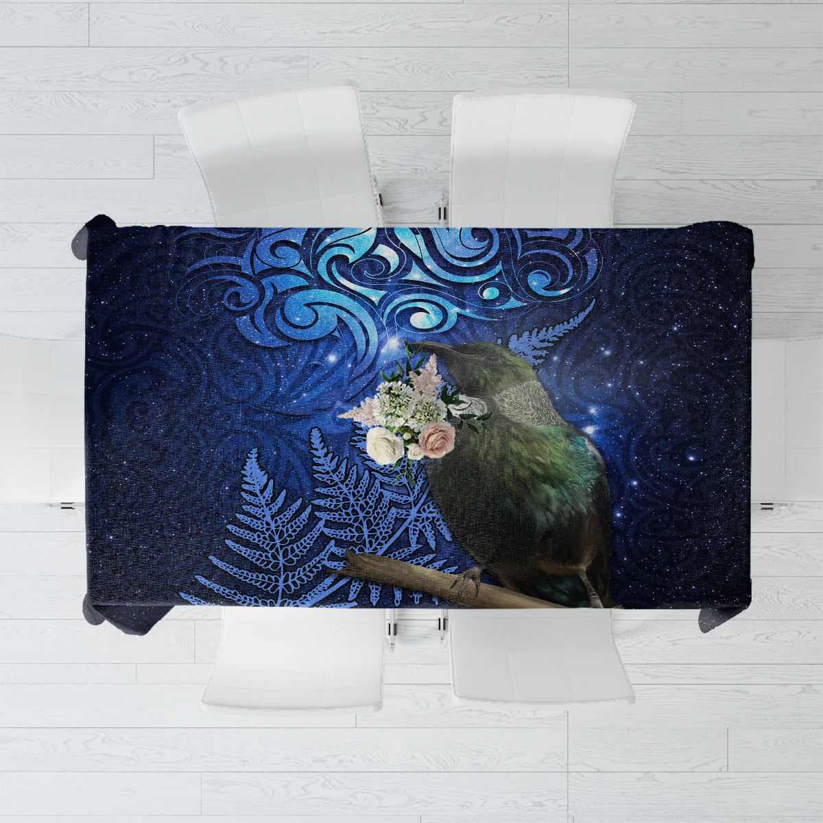 New Zealand Tui Bird Matariki Tablecloth Maori New Year with Galaxy Fern LT03 Blue - Polynesian Pride