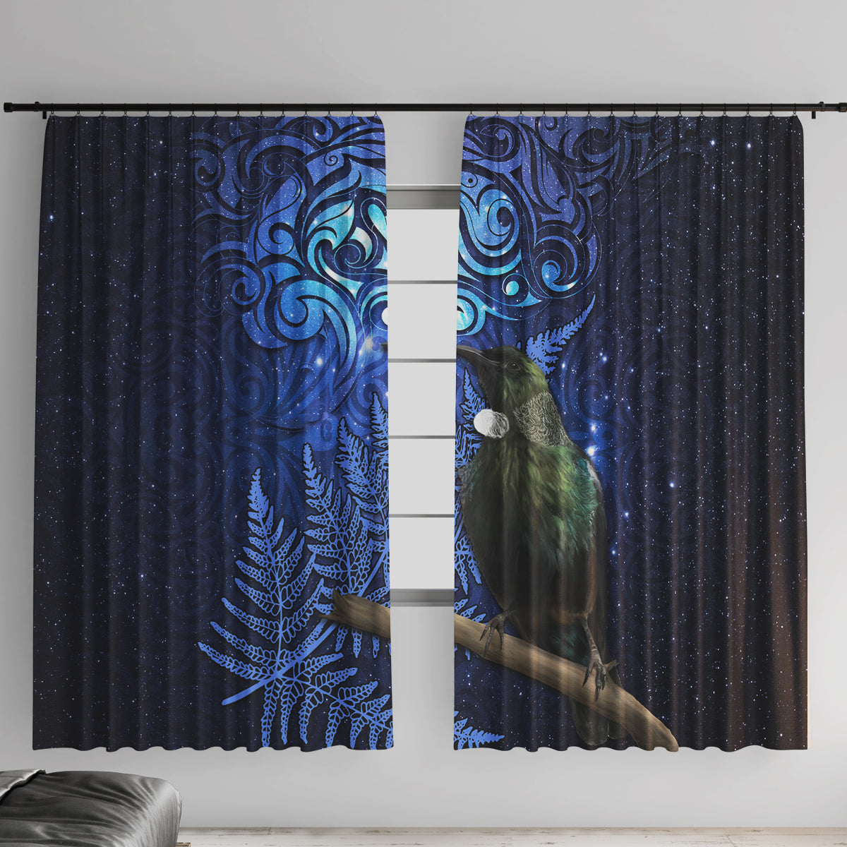 New Zealand Tui Bird Matariki Window Curtain Maori New Year with Galaxy Fern LT03 With Hooks Blue - Polynesian Pride