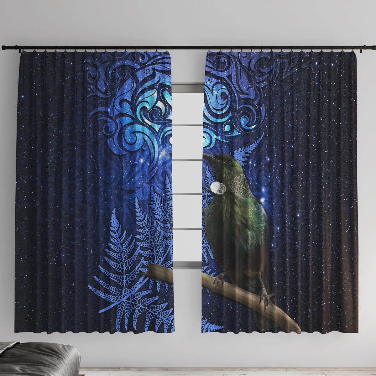 New Zealand Tui Bird Matariki Window Curtain Maori New Year with Galaxy Fern