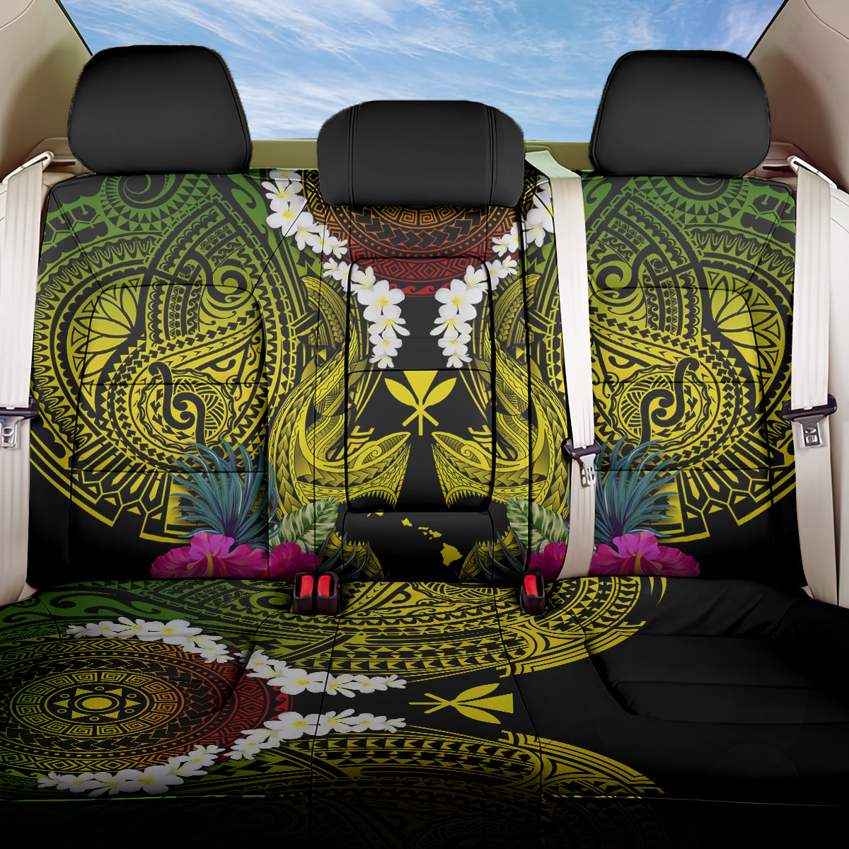 Hawaii Kanaka Maoli Back Car Seat Cover Double Shark and Hibiscus Flowers