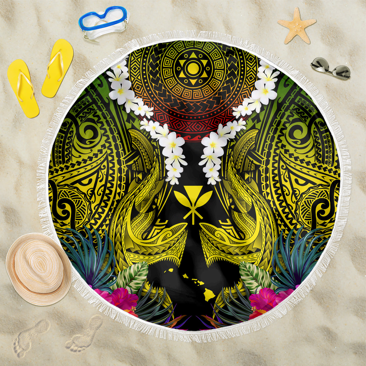 Hawaii Kanaka Maoli Beach Blanket Double Shark and Hibiscus Flowers LT03 One Size 150cm Black - Polynesian Pride