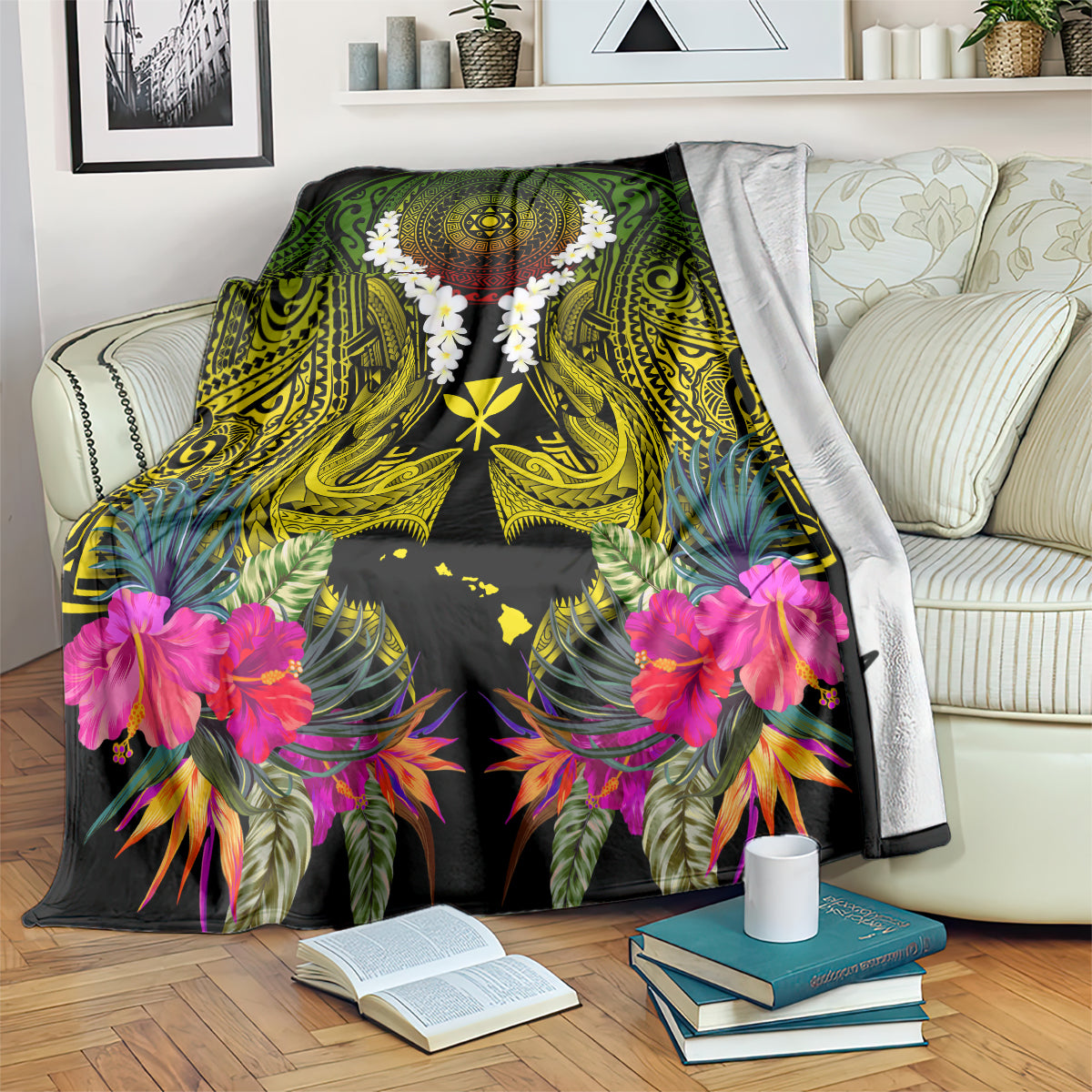 Hawaii Kanaka Maoli Blanket Double Shark and Hibiscus Flowers LT03 Black - Polynesian Pride
