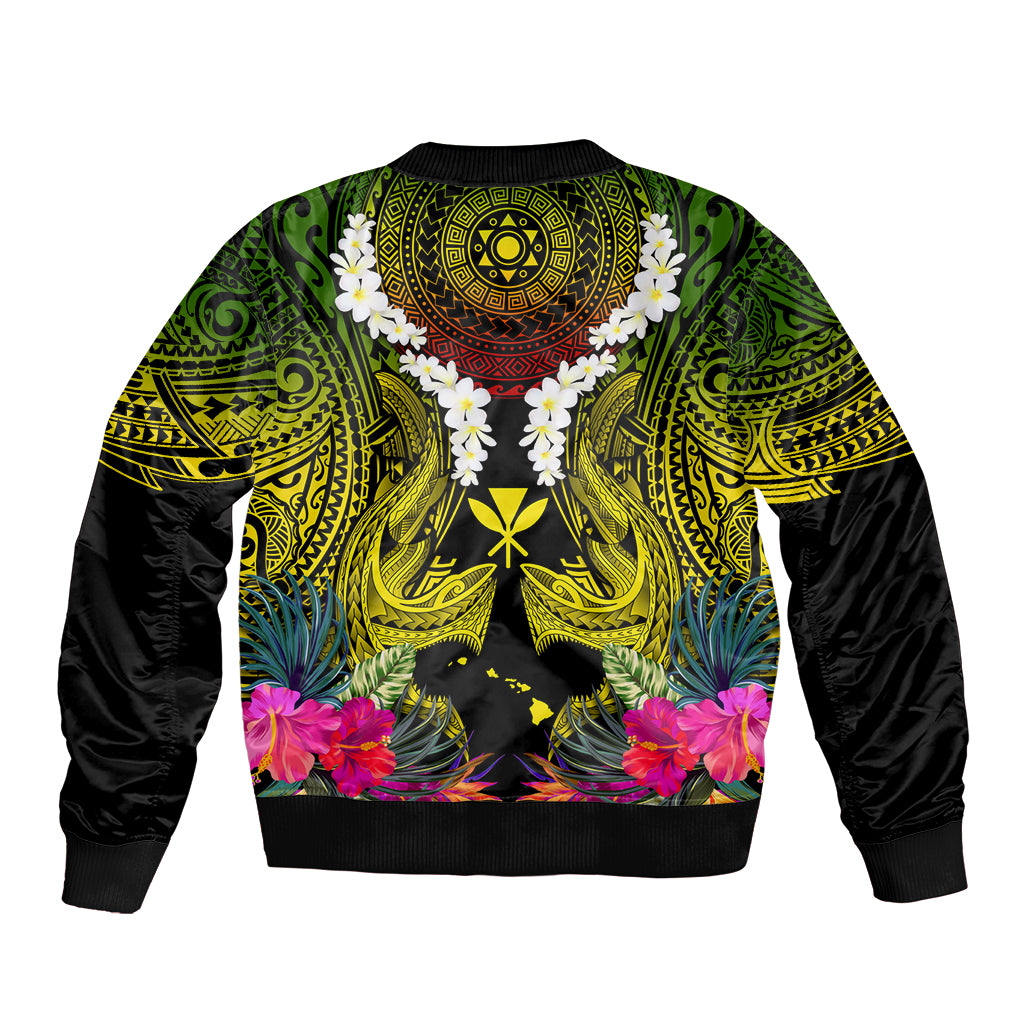 Hawaii Kanaka Maoli Bomber Jacket Double Shark and Hibiscus Flowers