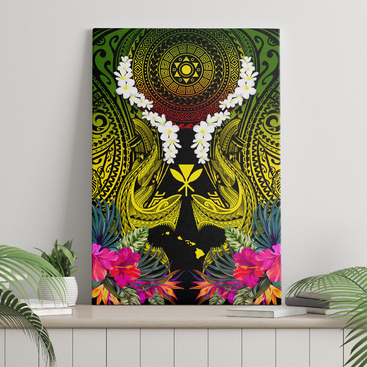 Hawaii Kanaka Maoli Canvas Wall Art Double Shark and Hibiscus Flowers