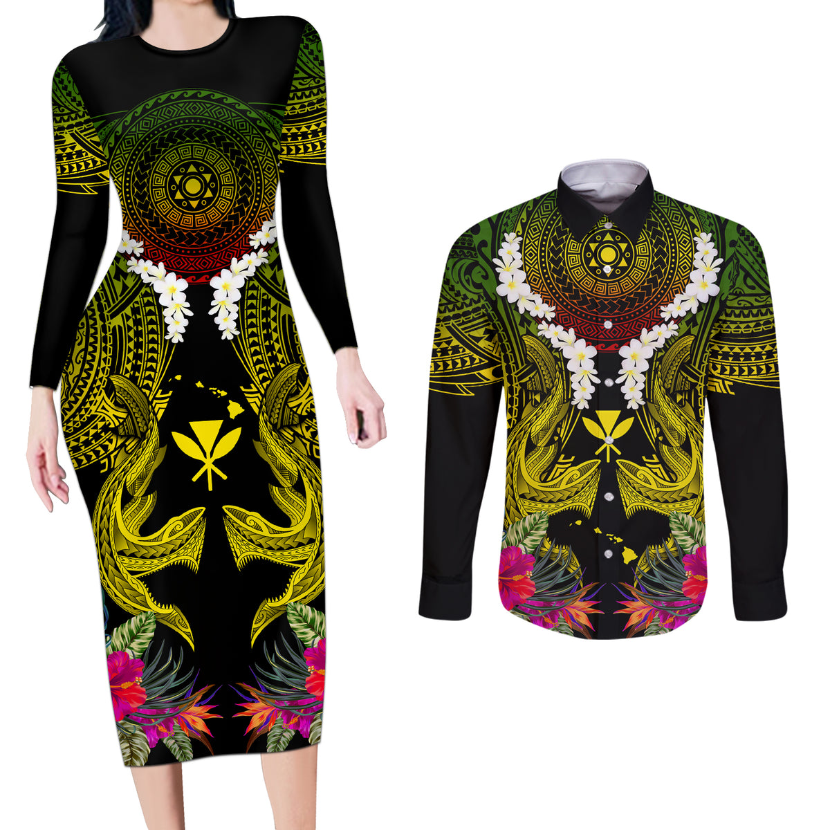 Hawaii Kanaka Maoli Couples Matching Long Sleeve Bodycon Dress and Long Sleeve Button Shirt Double Shark and Hibiscus Flowers