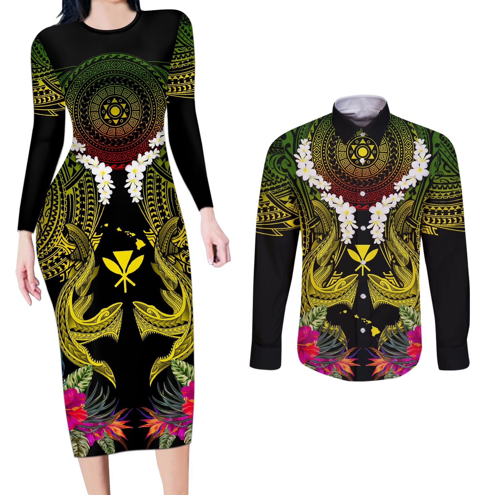 Hawaii Kanaka Maoli Couples Matching Long Sleeve Bodycon Dress and Long Sleeve Button Shirt Double Shark and Hibiscus Flowers LT03 Black - Polynesian Pride