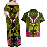 Hawaii Kanaka Maoli Couples Matching Off Shoulder Maxi Dress and Hawaiian Shirt Double Shark and Hibiscus Flowers