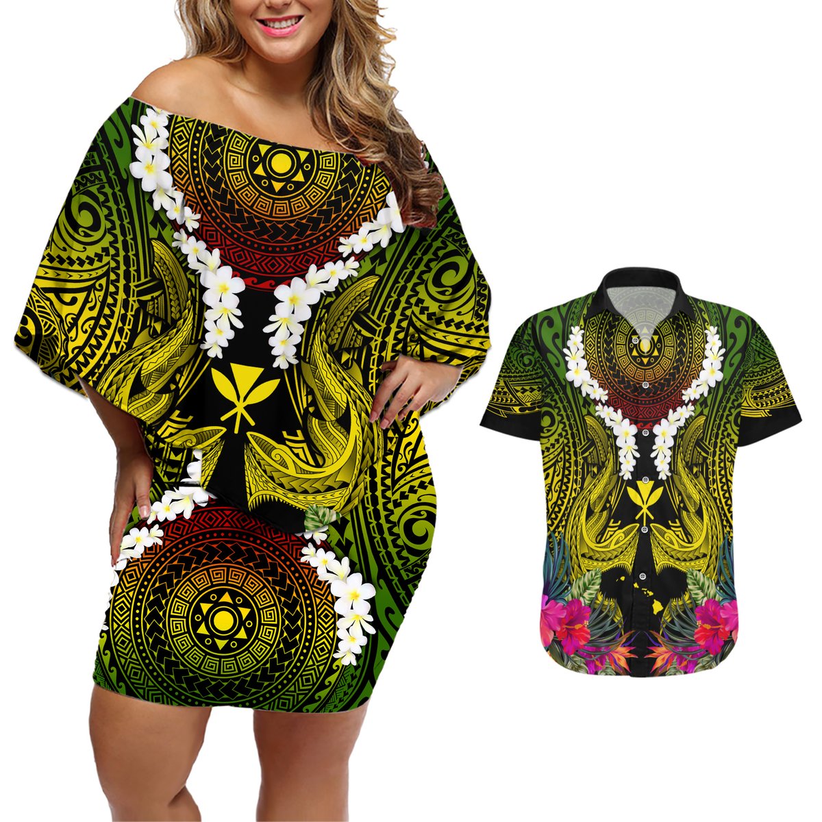 Hawaii Kanaka Maoli Couples Matching Off Shoulder Short Dress and Hawaiian Shirt Double Shark and Hibiscus Flowers LT03 Black - Polynesian Pride