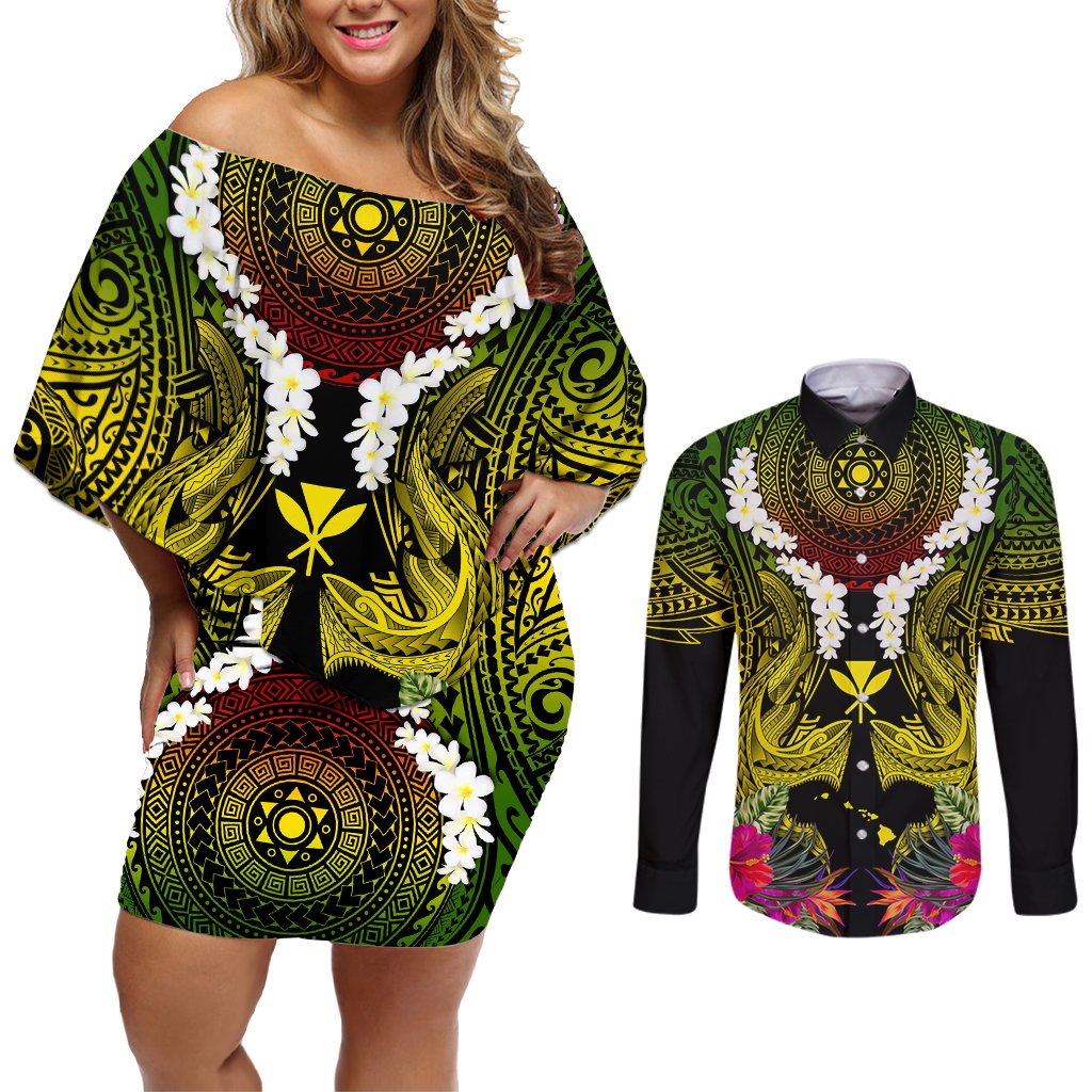 Hawaii Kanaka Maoli Couples Matching Off Shoulder Short Dress and Long Sleeve Button Shirt Double Shark and Hibiscus Flowers LT03 Black - Polynesian Pride