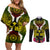 Hawaii Kanaka Maoli Couples Matching Off Shoulder Short Dress and Long Sleeve Button Shirt Double Shark and Hibiscus Flowers