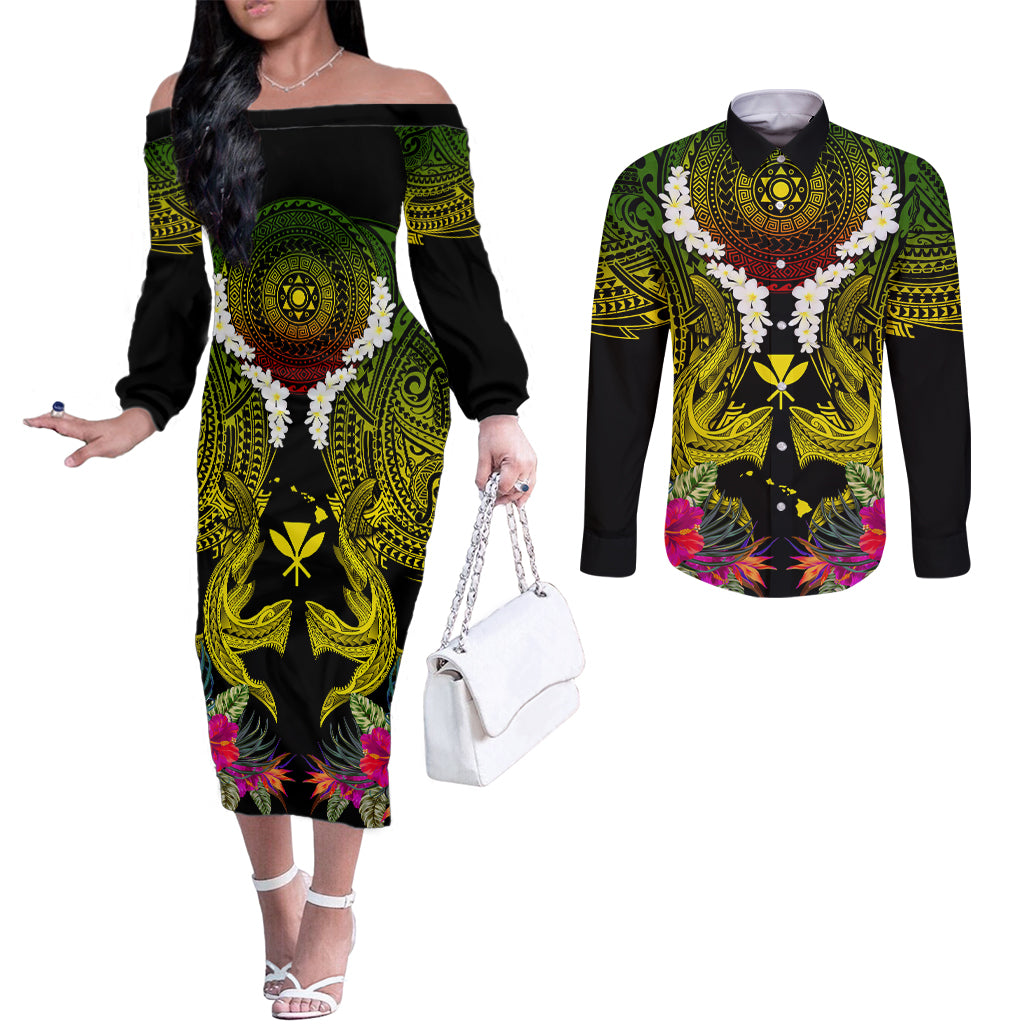 Hawaii Kanaka Maoli Couples Matching Off The Shoulder Long Sleeve Dress and Long Sleeve Button Shirt Double Shark and Hibiscus Flowers LT03 Black - Polynesian Pride