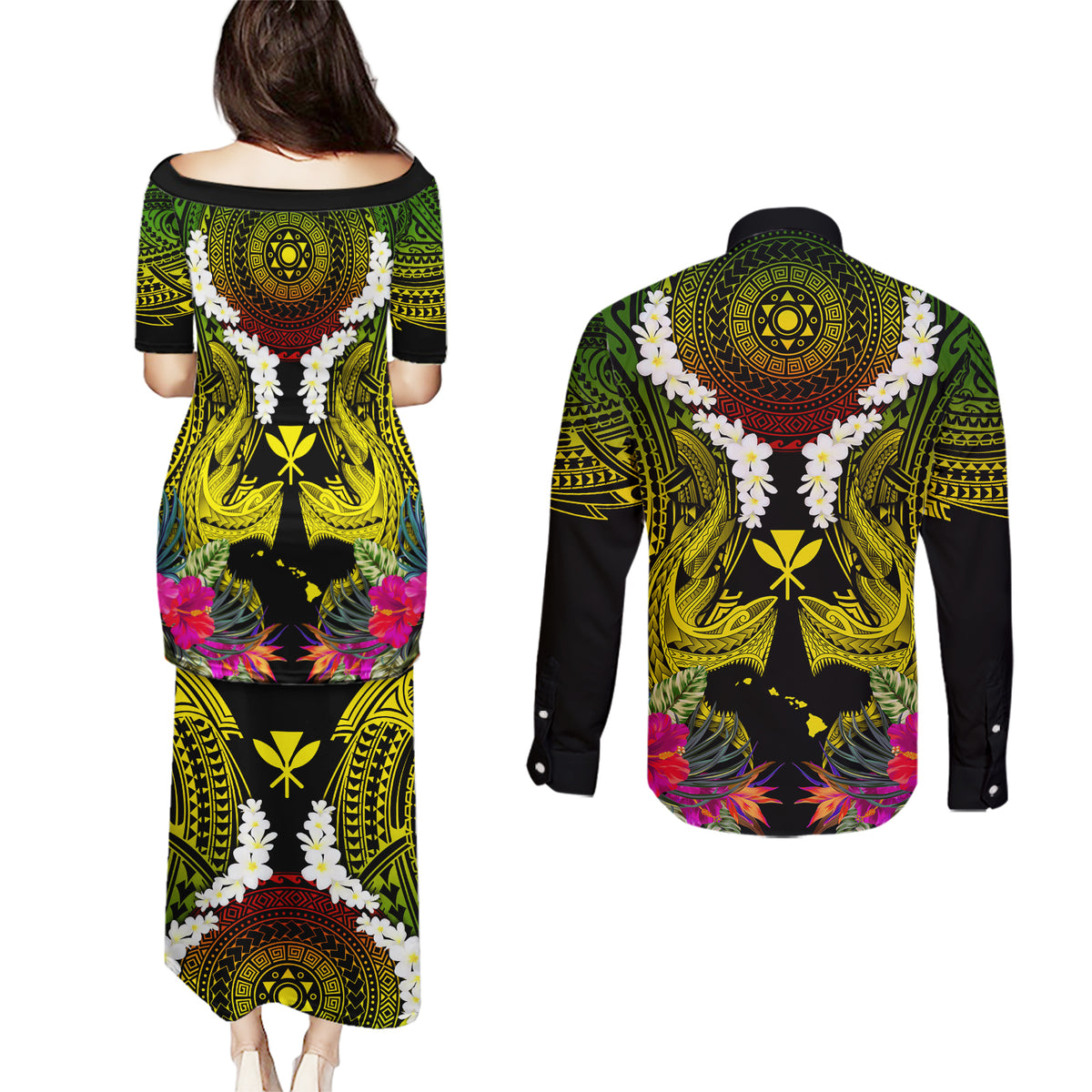 Hawaii Kanaka Maoli Couples Matching Puletasi and Long Sleeve Button Shirt Double Shark and Hibiscus Flowers