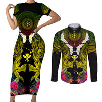 Hawaii Kanaka Maoli Couples Matching Short Sleeve Bodycon Dress and Long Sleeve Button Shirt Double Shark and Hibiscus Flowers