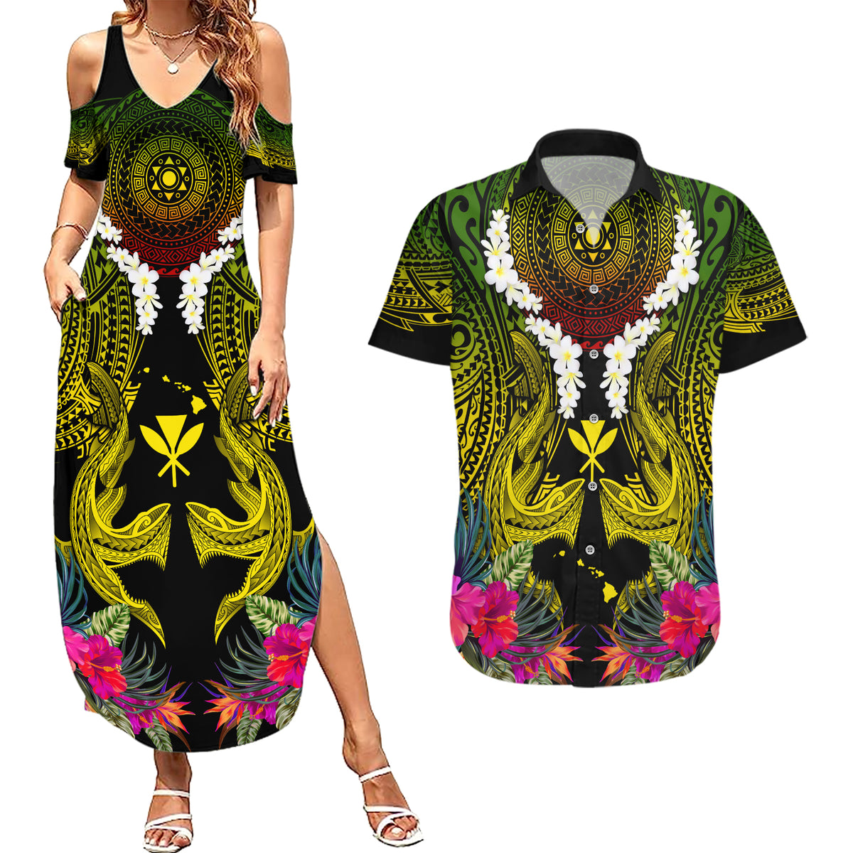 Hawaii Kanaka Maoli Couples Matching Summer Maxi Dress and Hawaiian Shirt Double Shark and Hibiscus Flowers