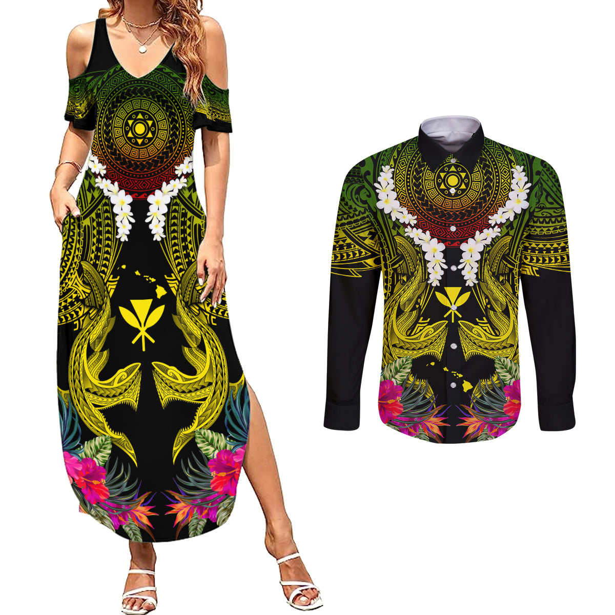 Hawaii Kanaka Maoli Couples Matching Summer Maxi Dress and Long Sleeve Button Shirt Double Shark and Hibiscus Flowers