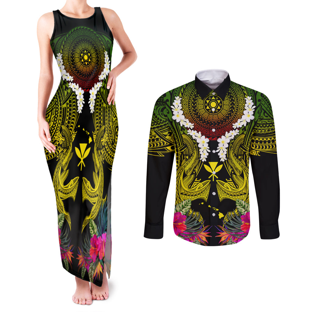 Hawaii Kanaka Maoli Couples Matching Tank Maxi Dress and Long Sleeve Button Shirt Double Shark and Hibiscus Flowers