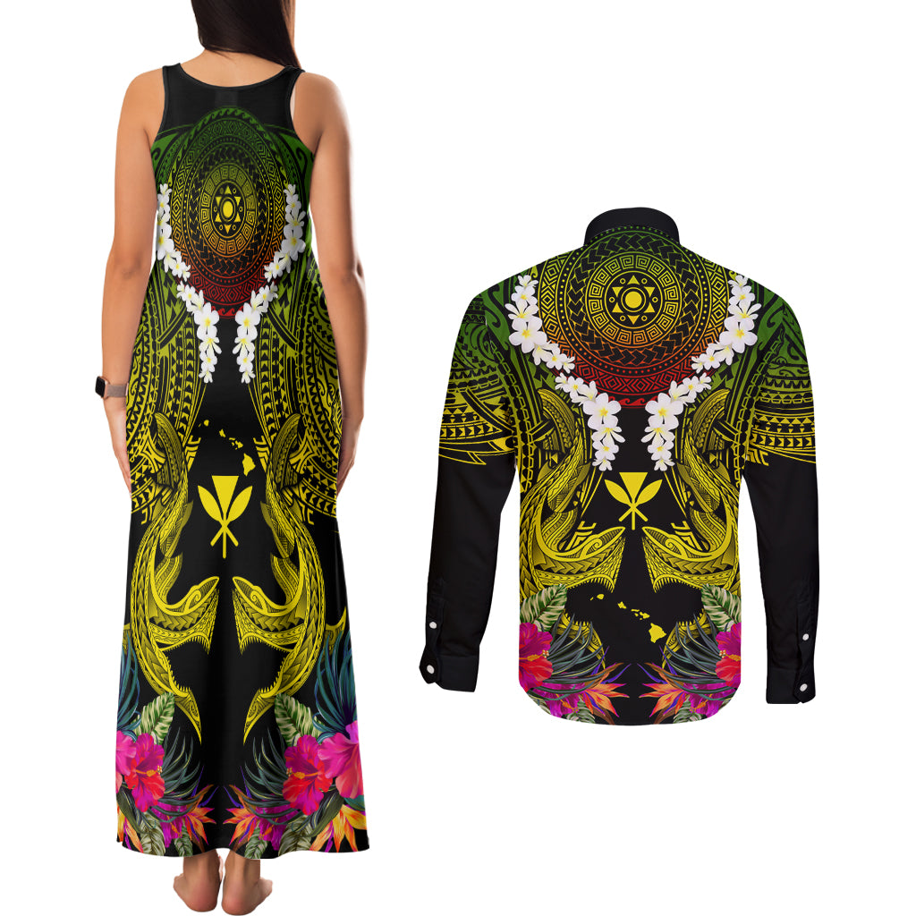 Hawaii Kanaka Maoli Couples Matching Tank Maxi Dress and Long Sleeve Button Shirt Double Shark and Hibiscus Flowers