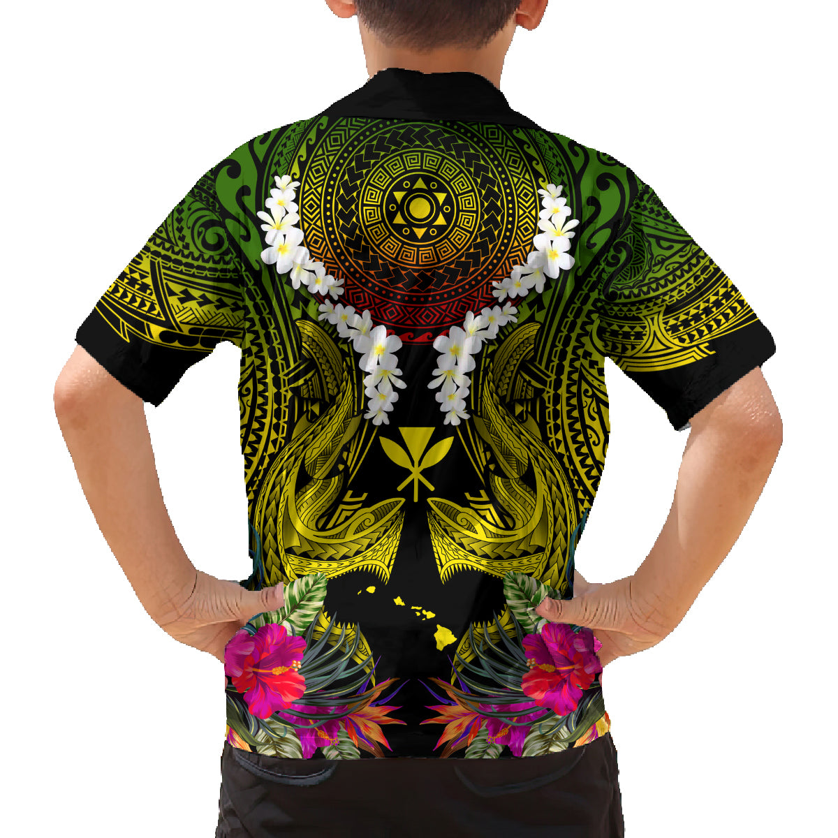 Hawaii Kanaka Maoli Family Matching Long Sleeve Bodycon Dress and Hawaiian Shirt Double Shark and Hibiscus Flowers