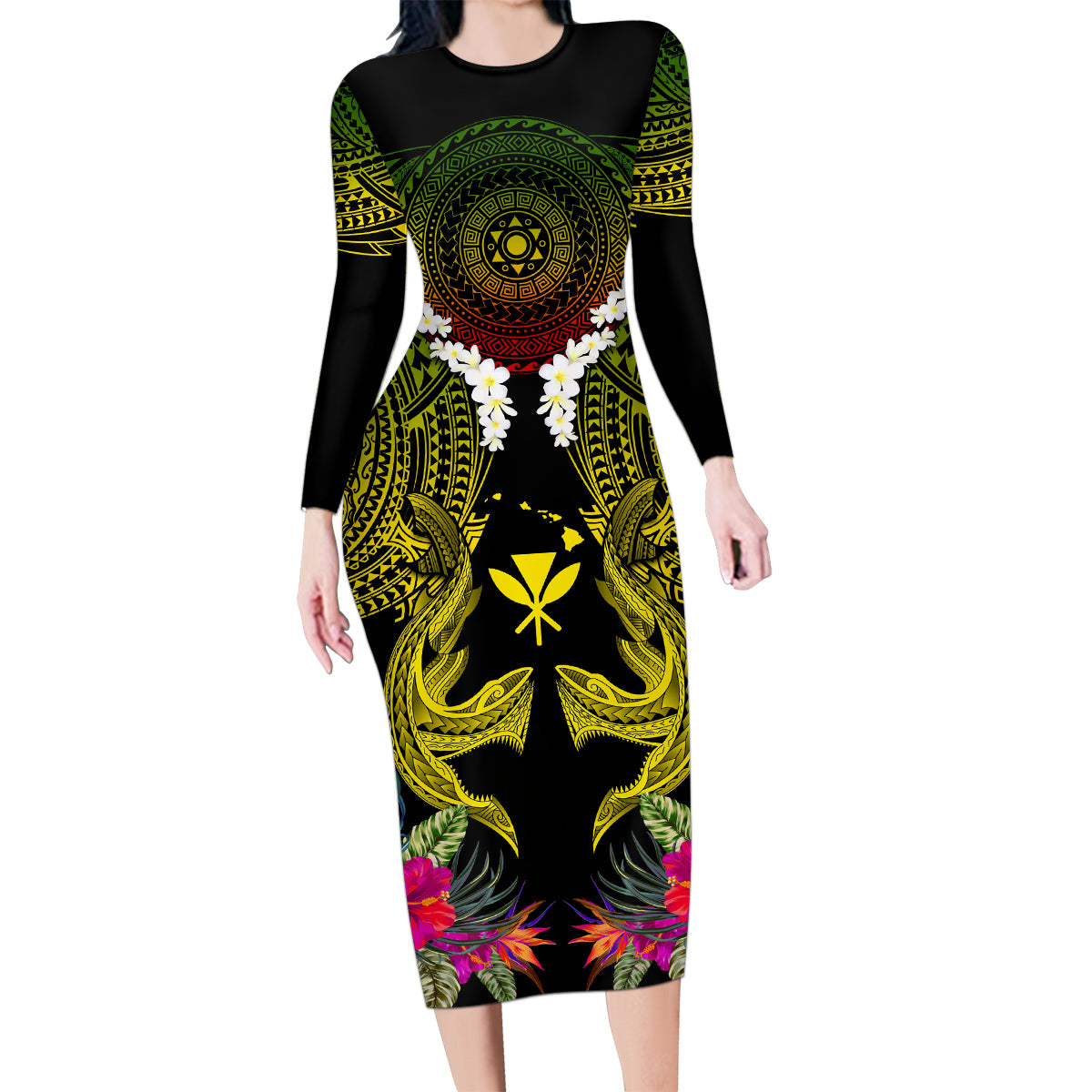 Hawaii Kanaka Maoli Family Matching Long Sleeve Bodycon Dress and Hawaiian Shirt Double Shark and Hibiscus Flowers