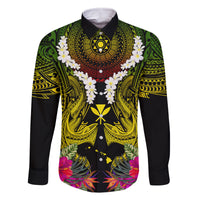 Hawaii Kanaka Maoli Family Matching Off Shoulder Short Dress and Hawaiian Shirt Double Shark and Hibiscus Flowers