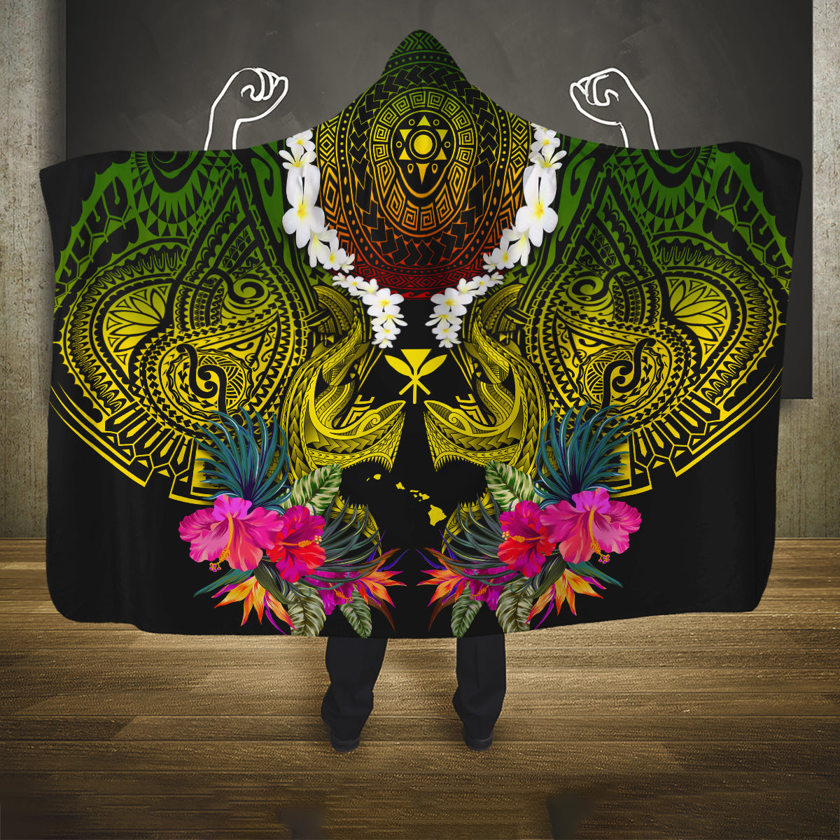 Hawaii Kanaka Maoli Hooded Blanket Double Shark and Hibiscus Flowers LT03 One Size Black - Polynesian Pride