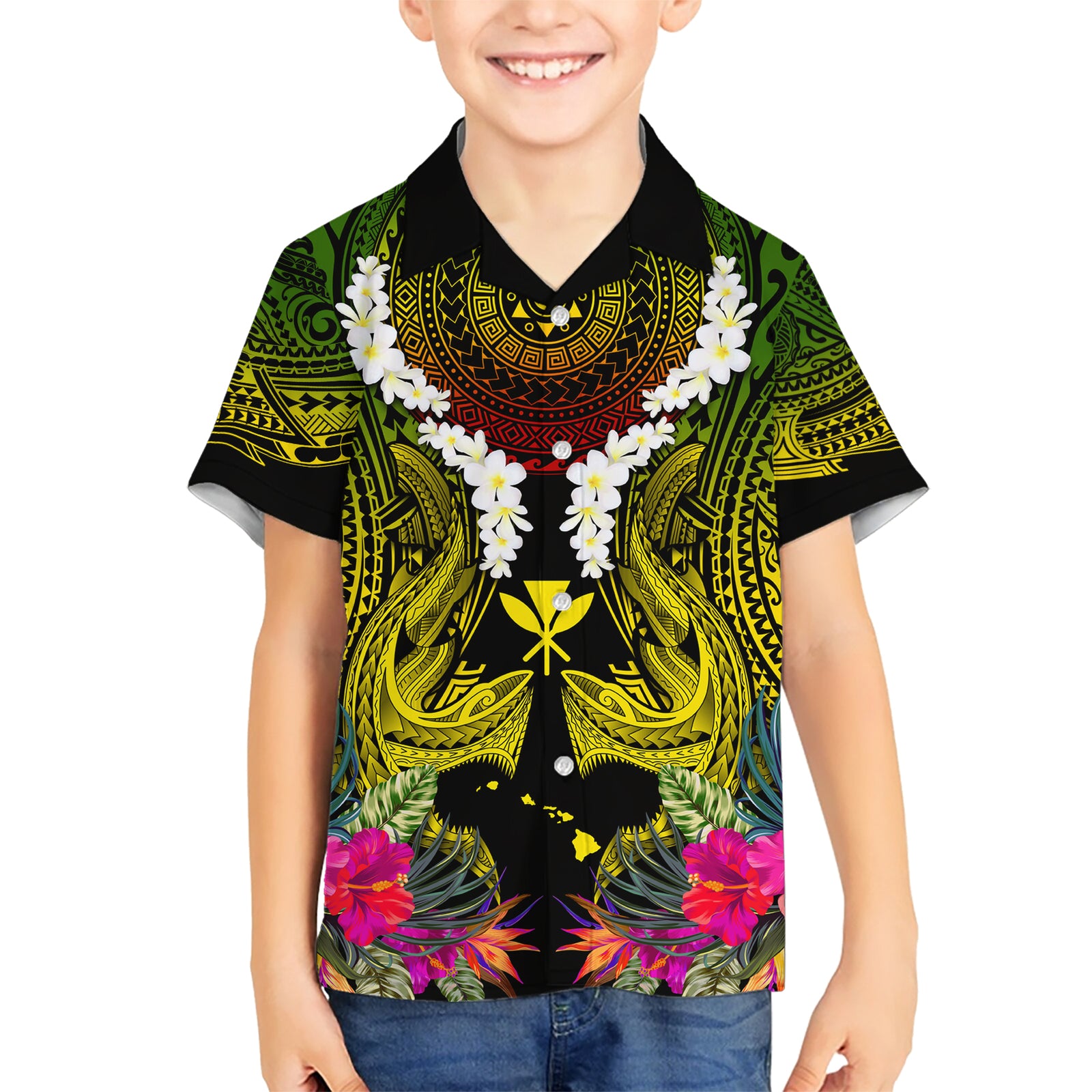 Hawaii Kanaka Maoli Kid Hawaiian Shirt Double Shark and Hibiscus Flowers LT03 Kid Black - Polynesian Pride