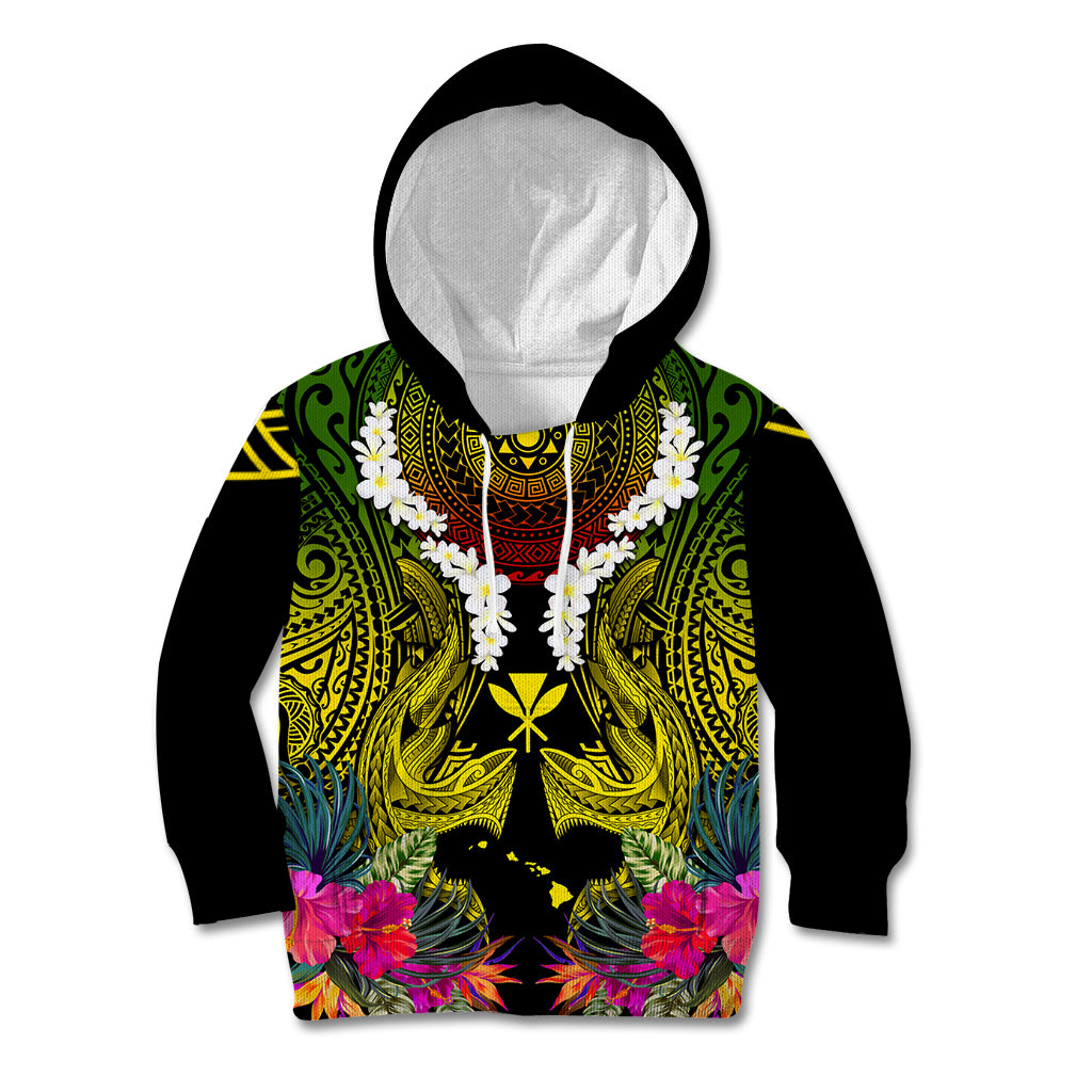 Hawaii Kanaka Maoli Kid Hoodie Double Shark and Hibiscus Flowers LT03 Hoodie Black - Polynesian Pride