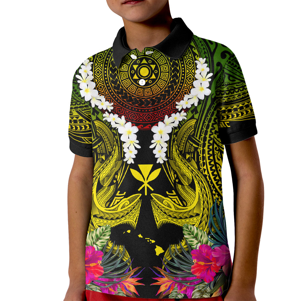 Hawaii Kanaka Maoli Kid Polo Shirt Double Shark and Hibiscus Flowers