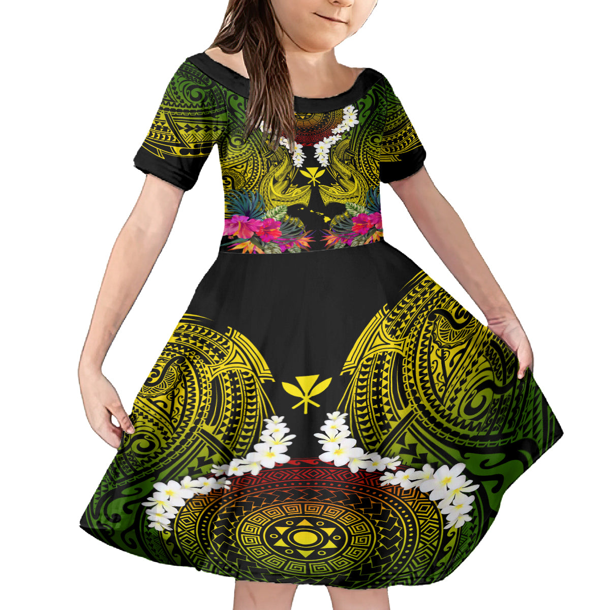 Hawaii Kanaka Maoli Kid Short Sleeve Dress Double Shark and Hibiscus Flowers