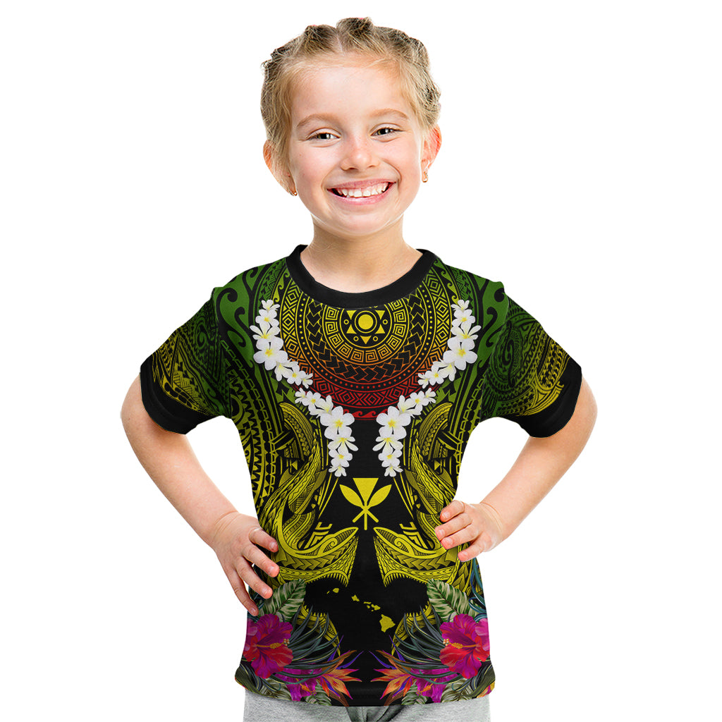 Hawaii Kanaka Maoli Kid T Shirt Double Shark and Hibiscus Flowers LT03 Black - Polynesian Pride