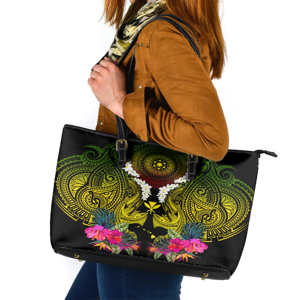 Hawaii Kanaka Maoli Leather Tote Bag Double Shark and Hibiscus Flowers LT03 Black - Polynesian Pride