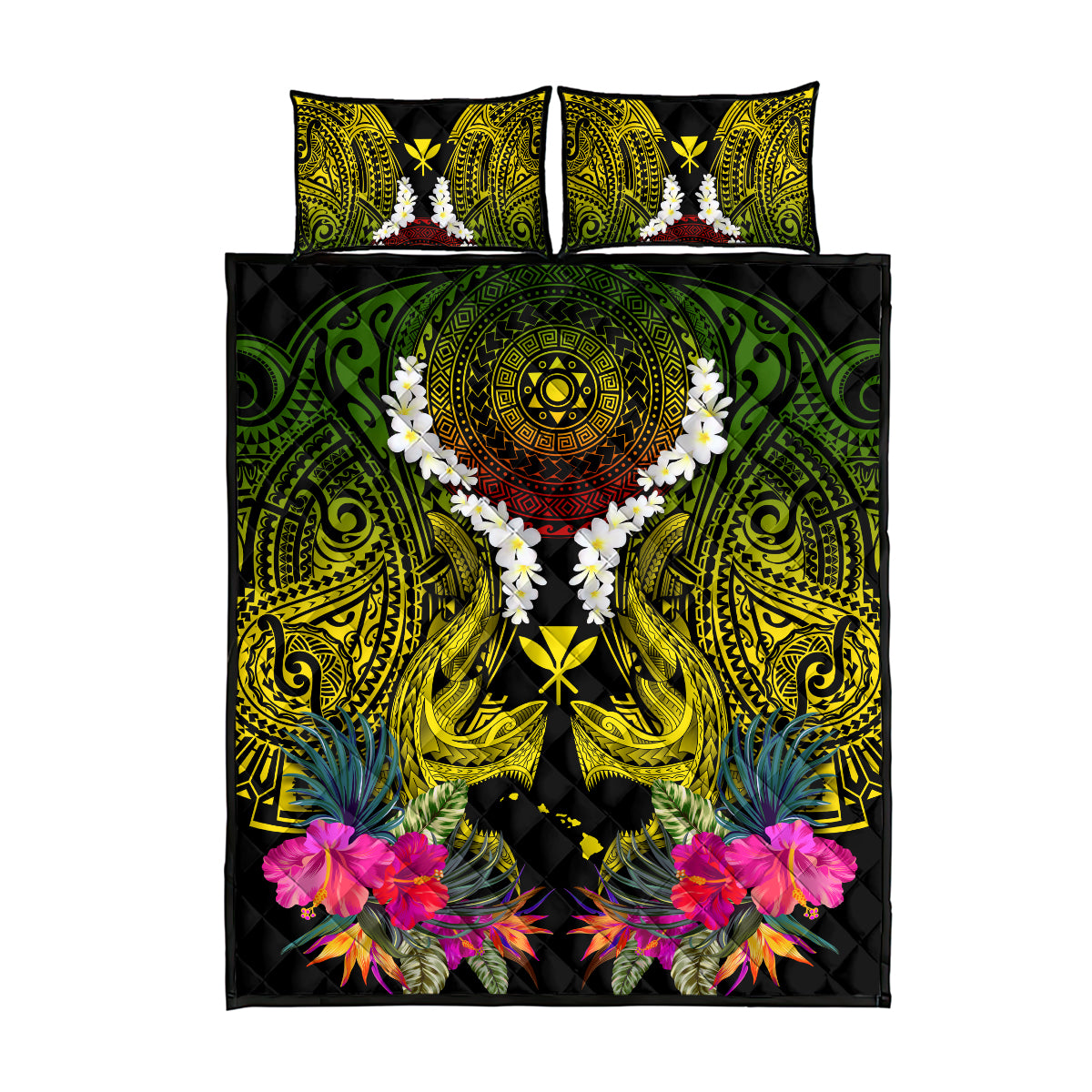 Hawaii Kanaka Maoli Quilt Bed Set Double Shark and Hibiscus Flowers