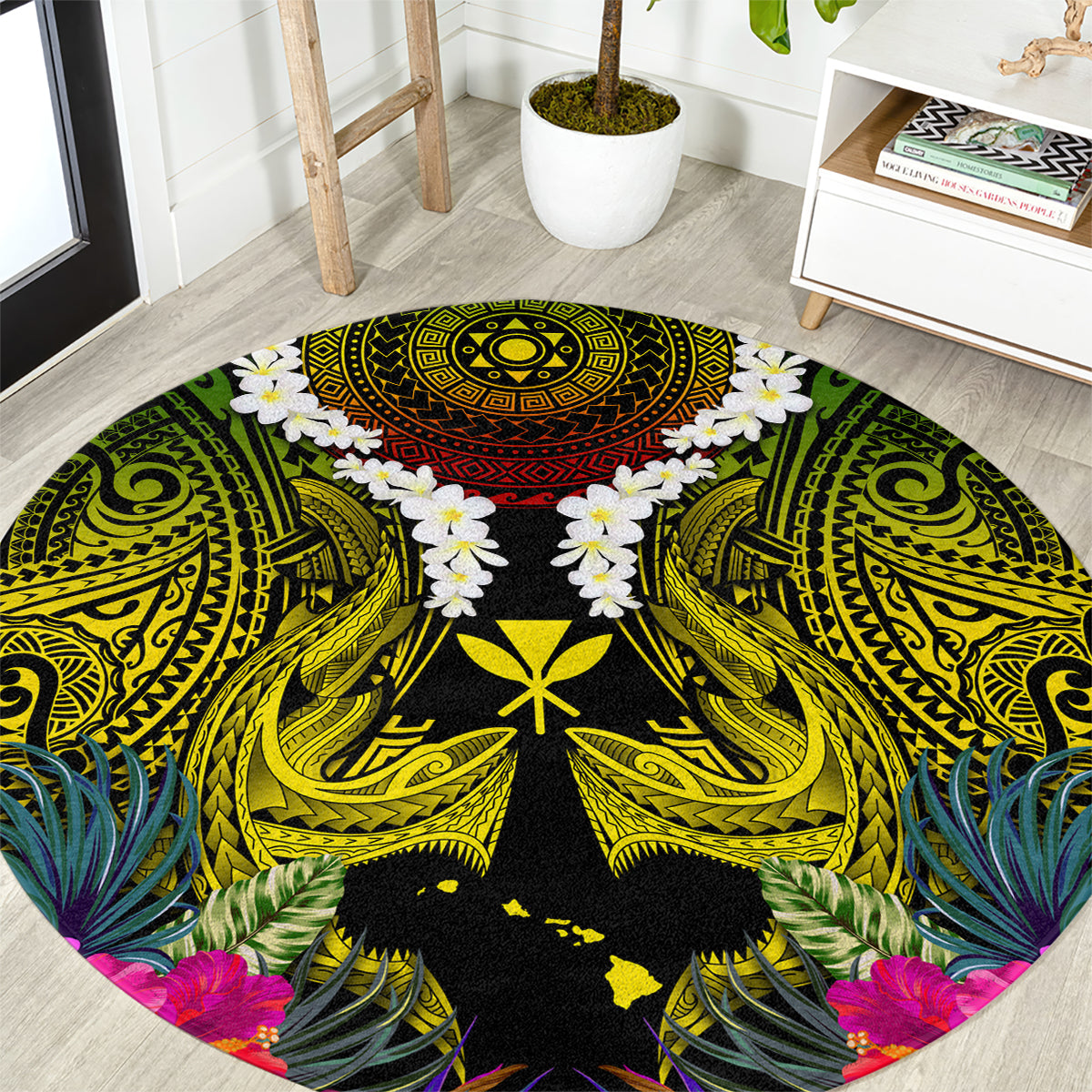 Hawaii Kanaka Maoli Round Carpet Double Shark and Hibiscus Flowers LT03 Black - Polynesian Pride