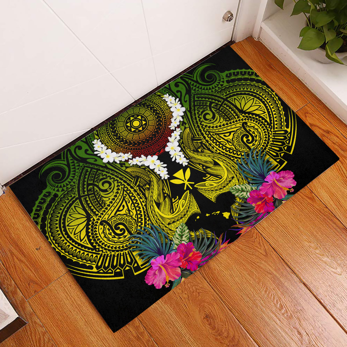 Hawaii Kanaka Maoli Rubber Doormat Double Shark and Hibiscus Flowers LT03 Black - Polynesian Pride