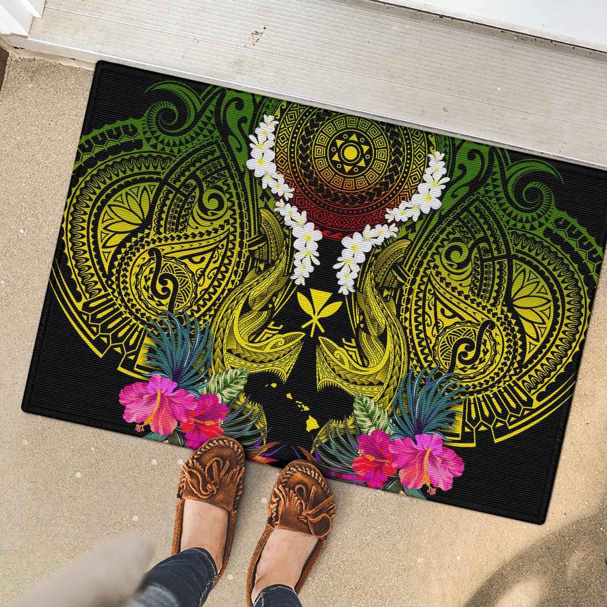 Hawaii Kanaka Maoli Rubber Doormat Double Shark and Hibiscus Flowers