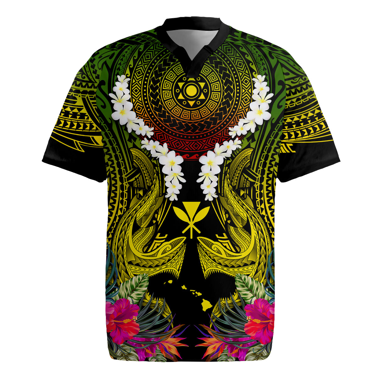 Hawaii Kanaka Maoli Rugby Jersey Double Shark and Hibiscus Flowers