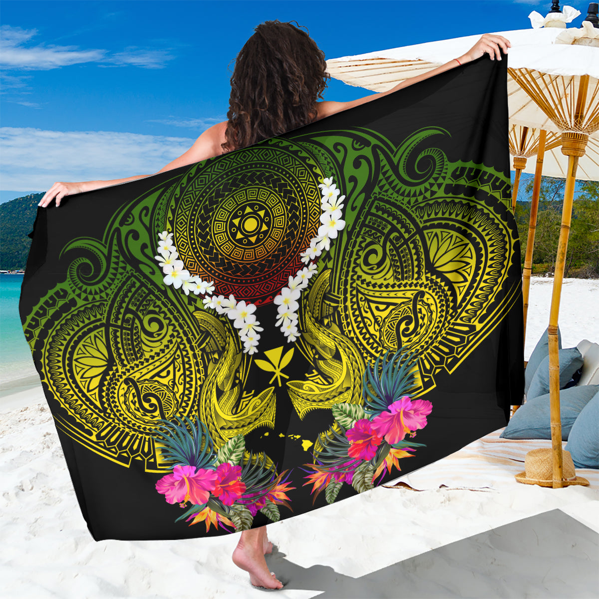 Hawaii Kanaka Maoli Sarong Double Shark and Hibiscus Flowers