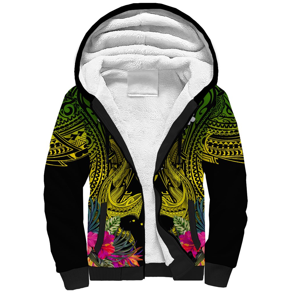 Hawaii Kanaka Maoli Sherpa Hoodie Double Shark and Hibiscus Flowers LT03 Unisex Black - Polynesian Pride