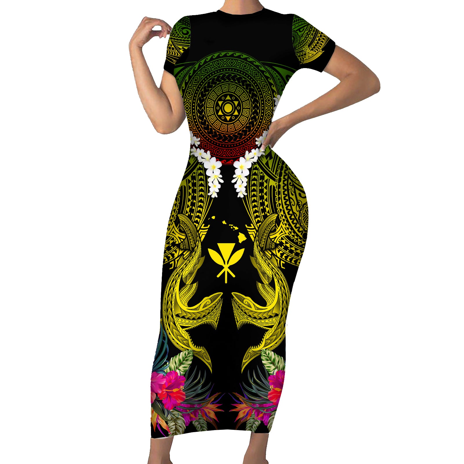 Hawaii Kanaka Maoli Short Sleeve Bodycon Dress Double Shark and Hibiscus Flowers